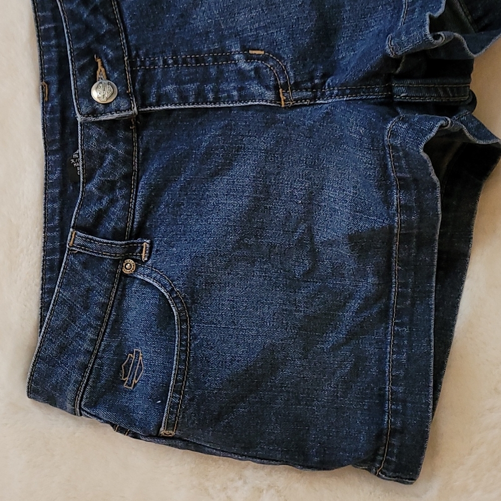 Harley Davidson Motorcycles Blue Jean Denim Embroidered Biker Short Shorts